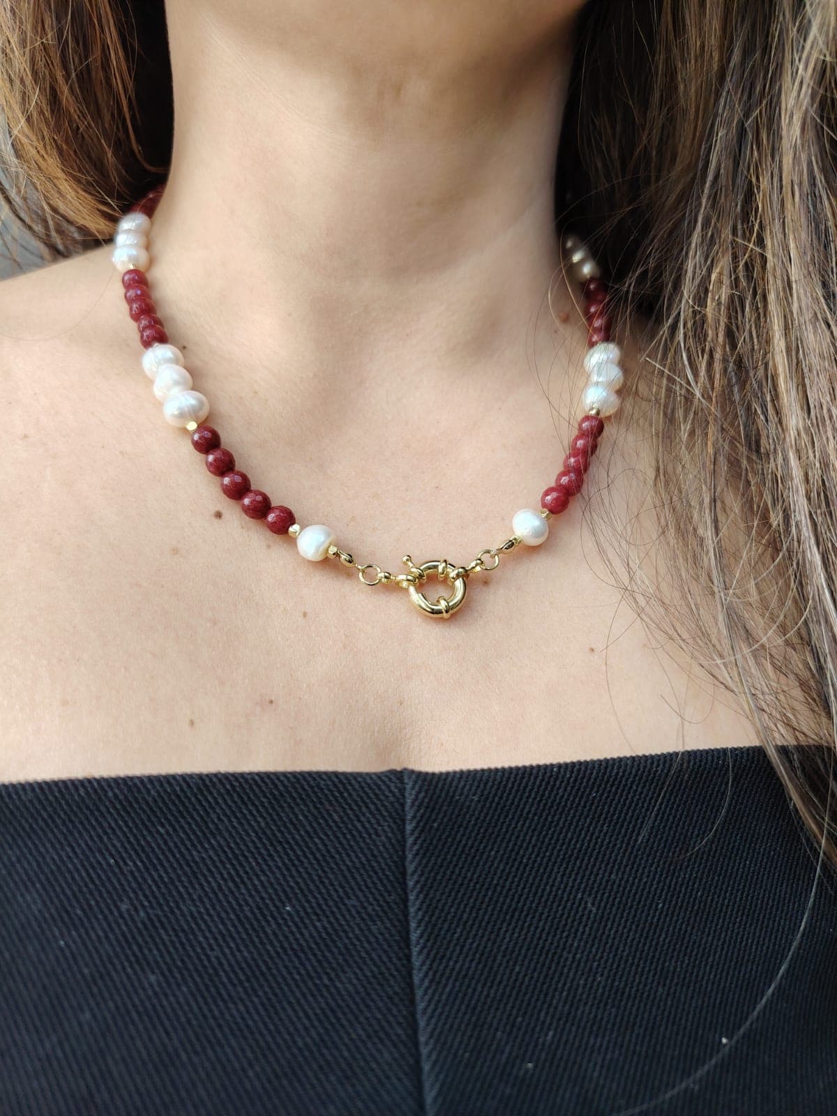 Collar Cuarzo Rojo y Perlas